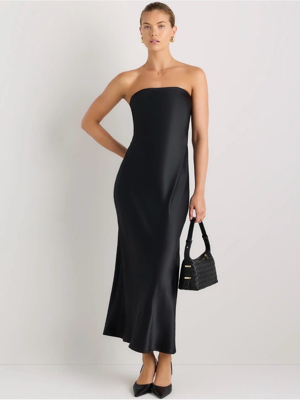 Quince 100% Washable Silk Strapless Midi Maxi Dress Black NWT S 2 4 Reformation - Picture 2 of 12